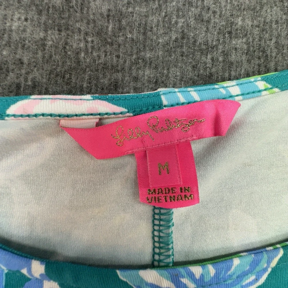 Lilly Pulitzer Wrap Dress Medium Floral Teal Pink‎ Cap Sleeve Stretch - Picture 3 of 9